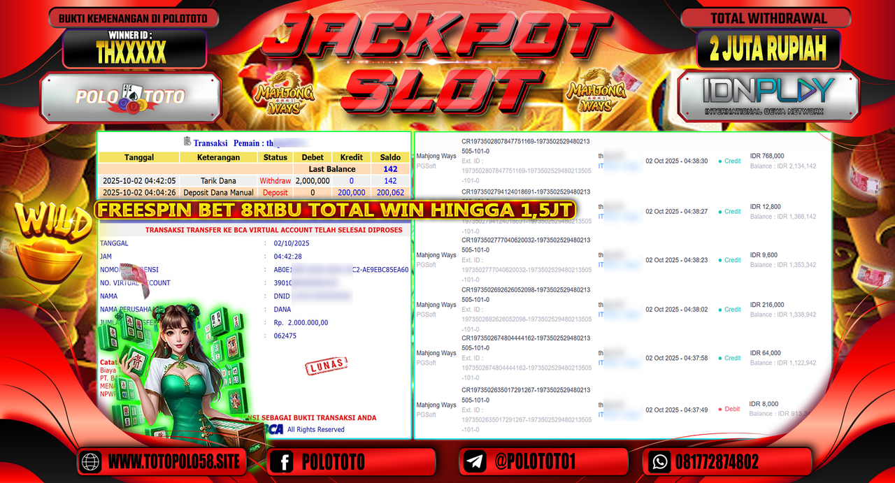 POLOTOTO JACKPOT SLOT MAHJONG WAYS Rp.2.000.000,- LUNAS