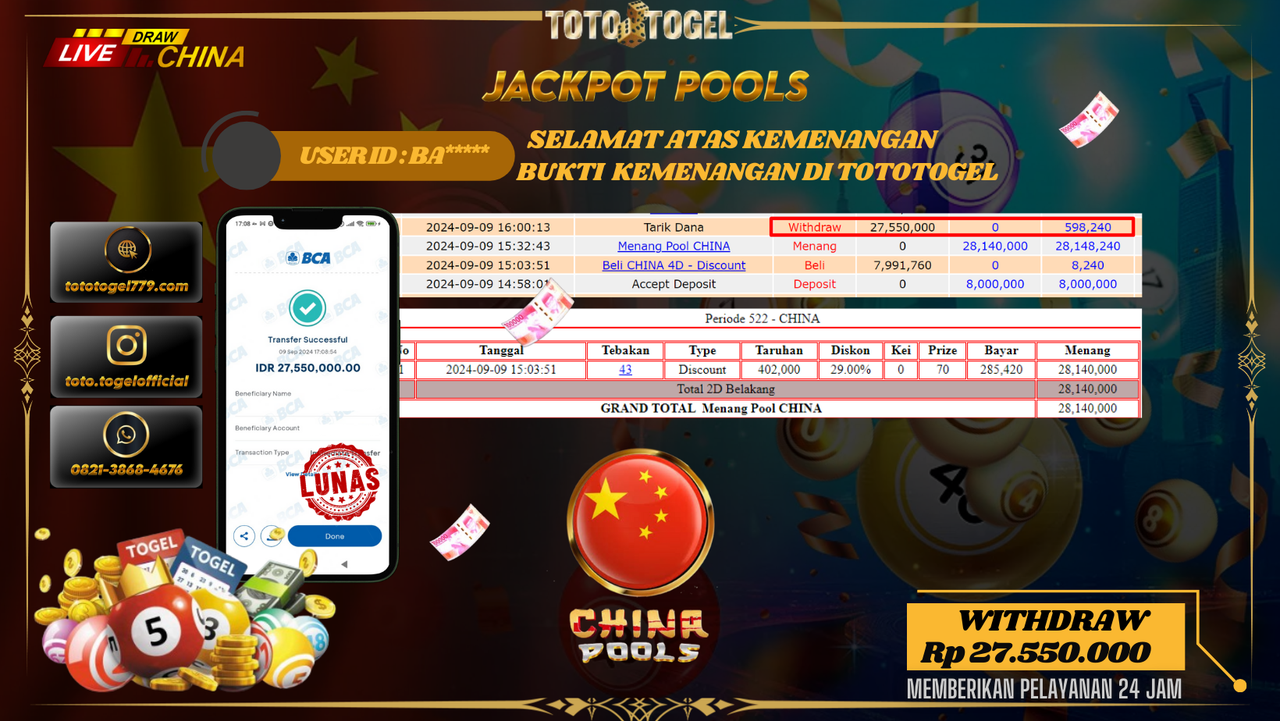 Bukti Kemenangan Permainan Togel China Pools Dengan ID : BA*****  Terbayar Lunas!!