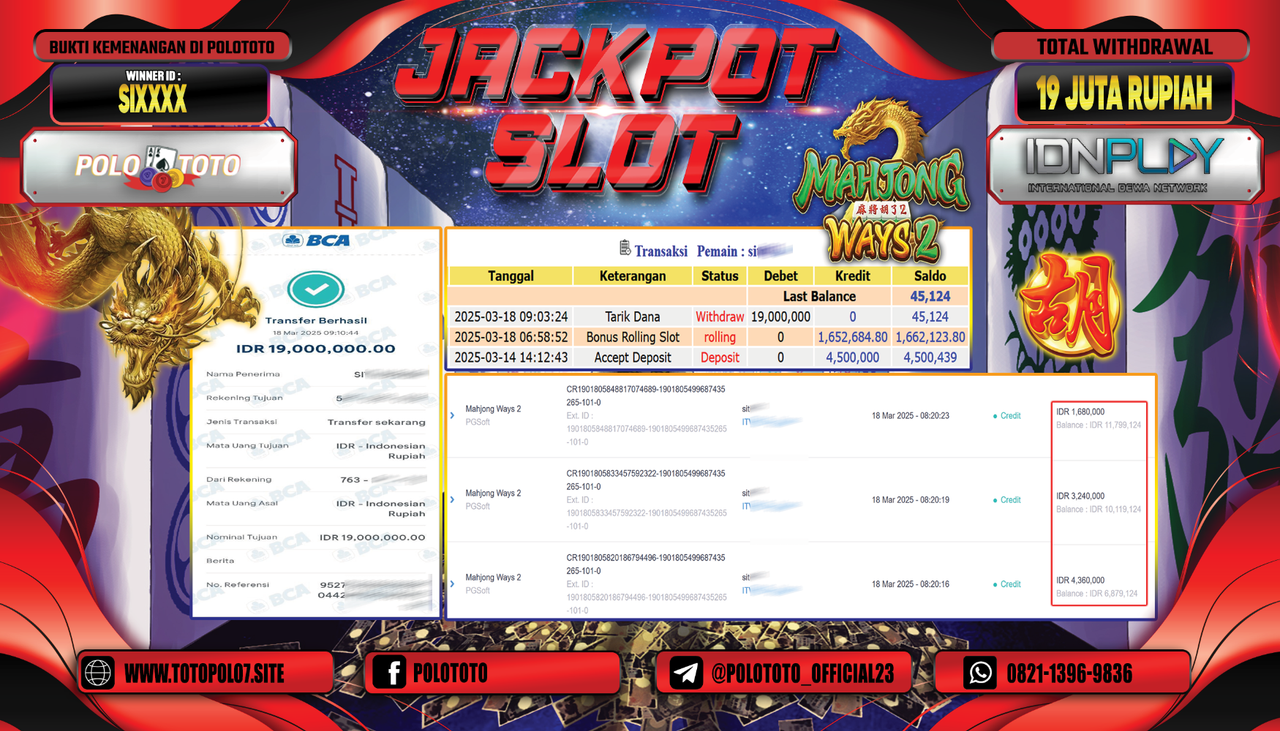 POLOTOTO JACKPOT SLOT MAHJONG WAYS 2 Rp.19.000.000,-