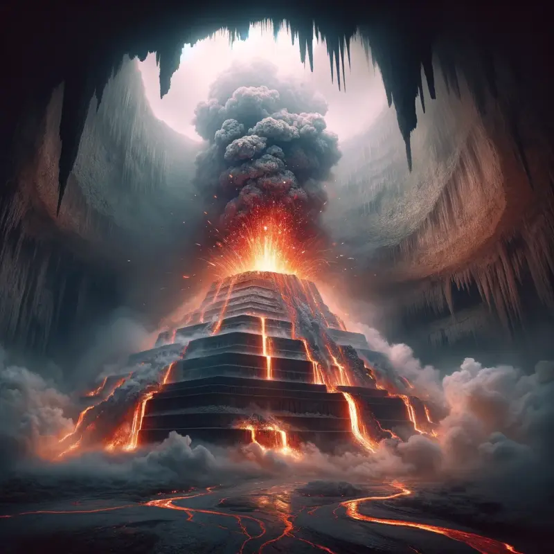 DALL·E 2024-03-27 10.36.20 - Transform the scene to depict an eruption taking place at the ziggurat,
