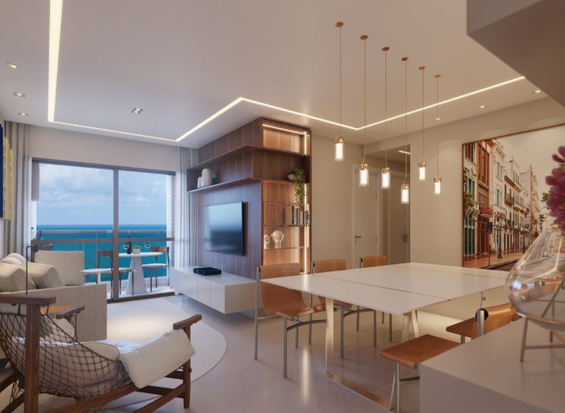 Sala integrada para dois ambientes no apartamento do Parador Madri