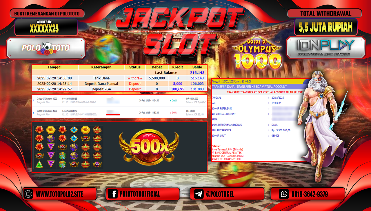 POLOTOTO JACKPOT SLOT GATES OF OLYMPUS 1000 Rp.5.500.000,-