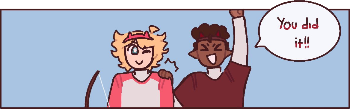 another part of the comic by saraahwbf. it shows eryn slapping tommy's shoulder, cheering "you did it!" as both smile. the panel is cropped and rezied smaller, eryn's speech bubble popping out as some of the background is transparent.