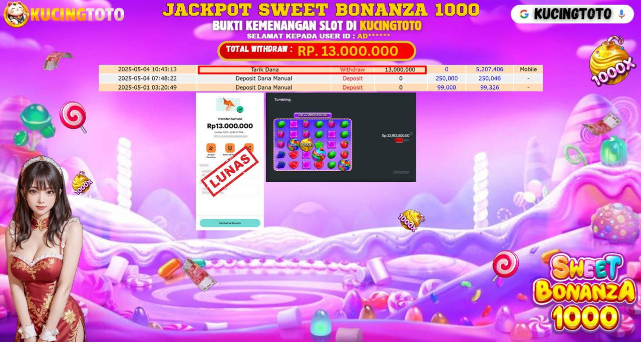 KUCINGTOTO JACKPOT SLOT SWEET BONANZA 1000 RP.13.000.000.,- LUNAS