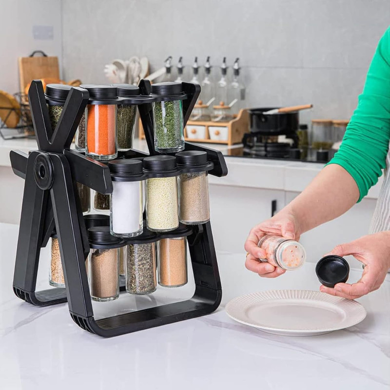 Rotating Spice Rack Organizer with Glass Jars - 18 Pieces