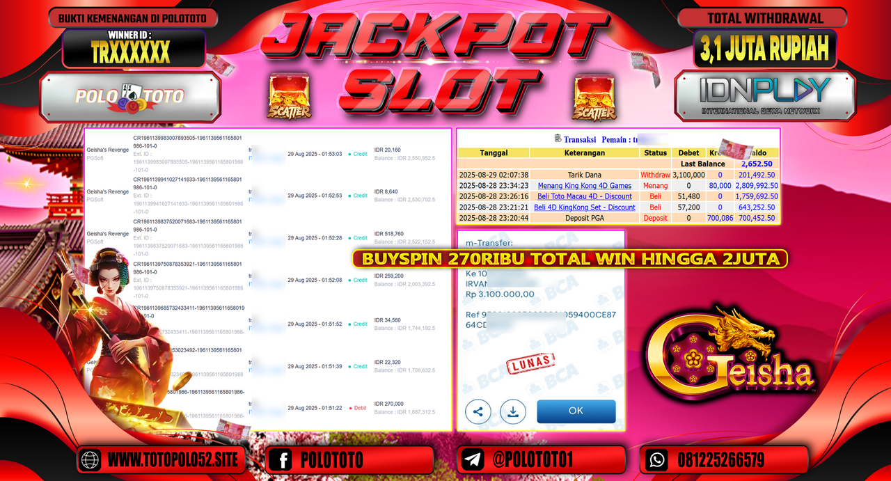 POLOTOTO JACKPOT SLOT GEISHA REVENGE Rp.3.100.000,-