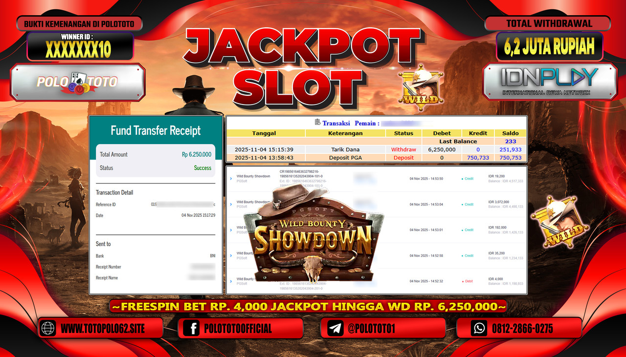 POLOTOTO JACKPOT SLOT WILD BOUNTY SHOWDOWN Rp.6.200.000,- LUNAS