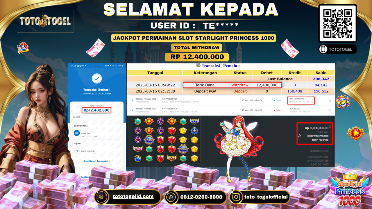 Bukti Pembayaran Jackpot  Permainan Slot Starlight Princess 1000 ID:TE***** LUNAS