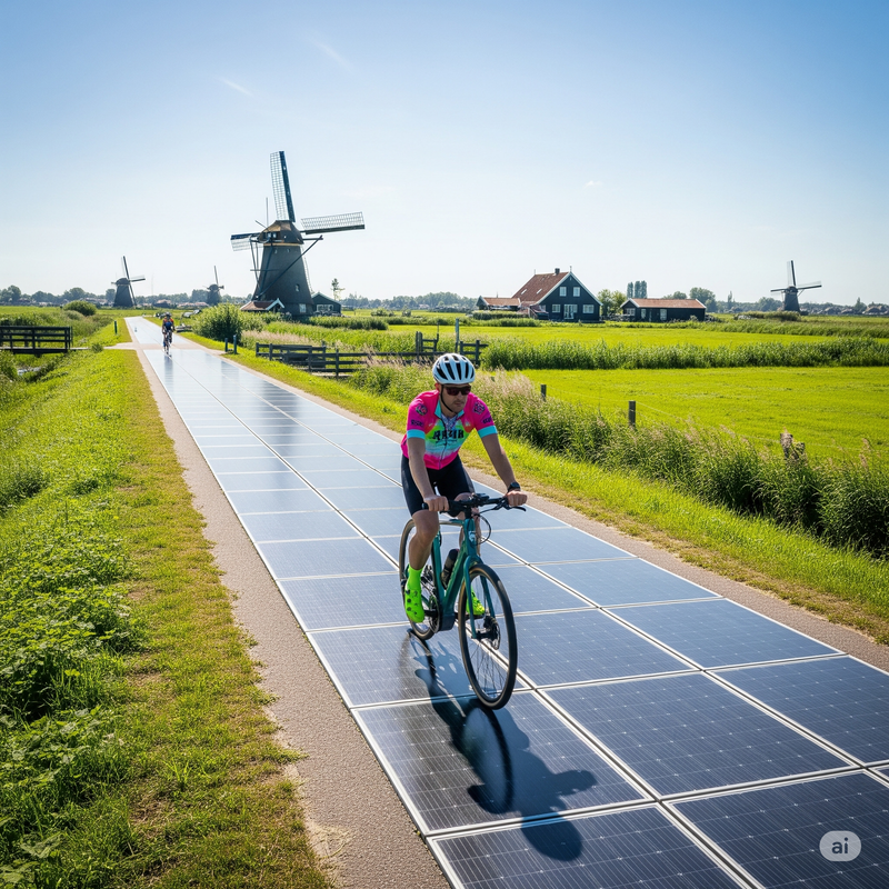 Cyclist riding on solar-powered bike path in the Netherlands, showcasing the successful SolaRoad project.