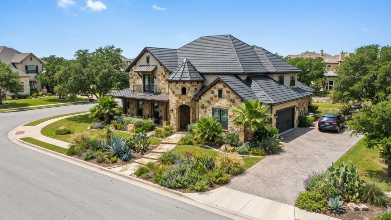 Attractive San Antonio residential home featuring a stone-coated metal roof that enhances curb appeal and street presence