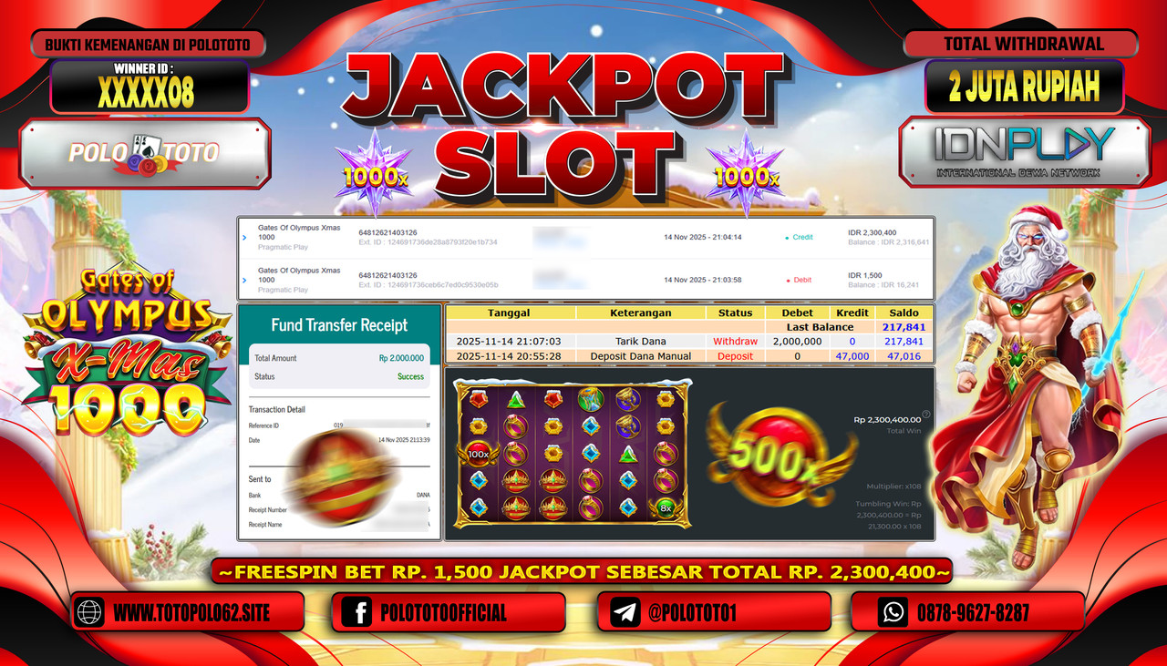 POLOTOTO JACKPOT SLOT GATES OF OLYMPUS XMAS 1000 Rp.2.000.000,- LUNAS