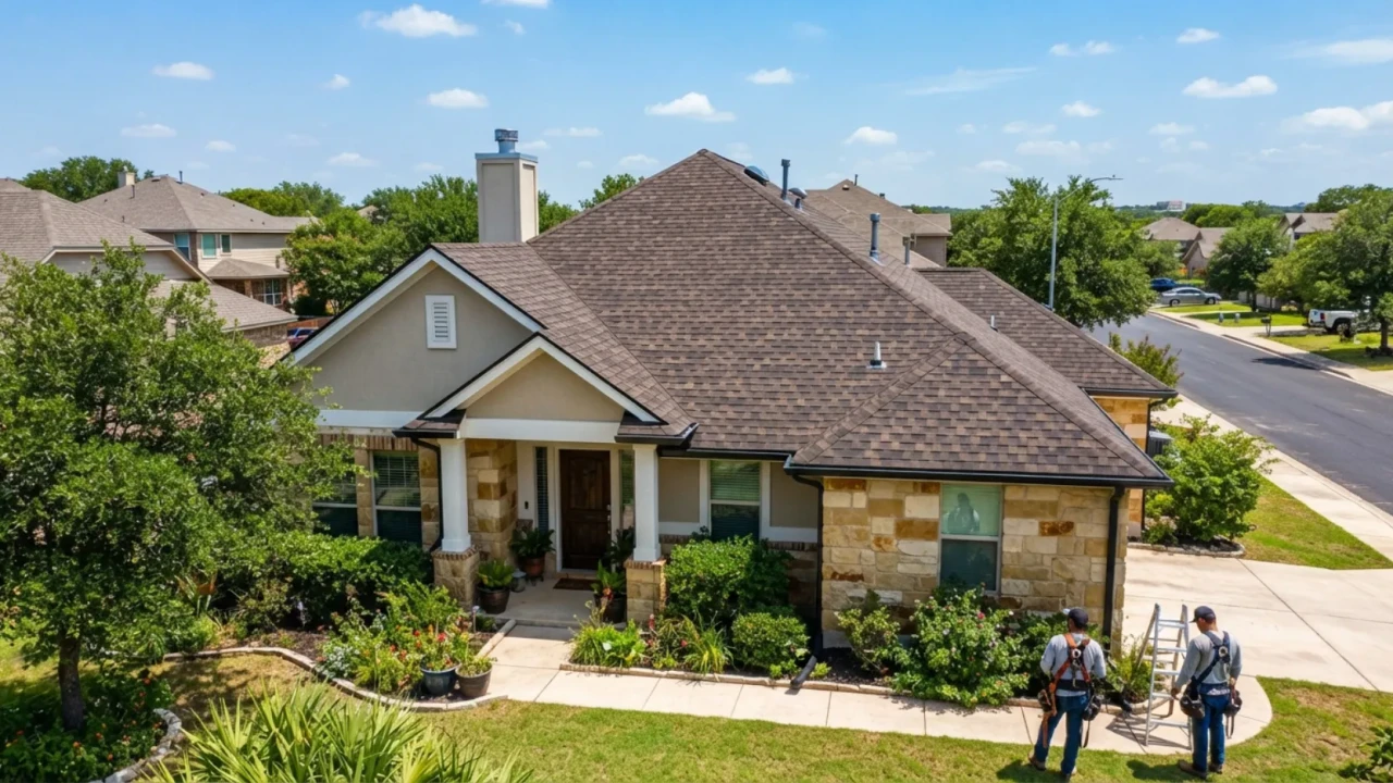Completed hail damage roof repair on San Antonio home with new asphalt shingles installed