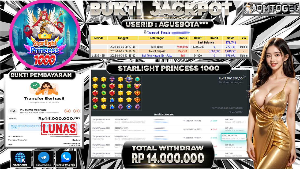 OMTOGEL JACKPOT PRAGMATIC PLAY STARLIGHT PRINCESS 1000 14 JUTA DI BAYAR LUNAS ,-