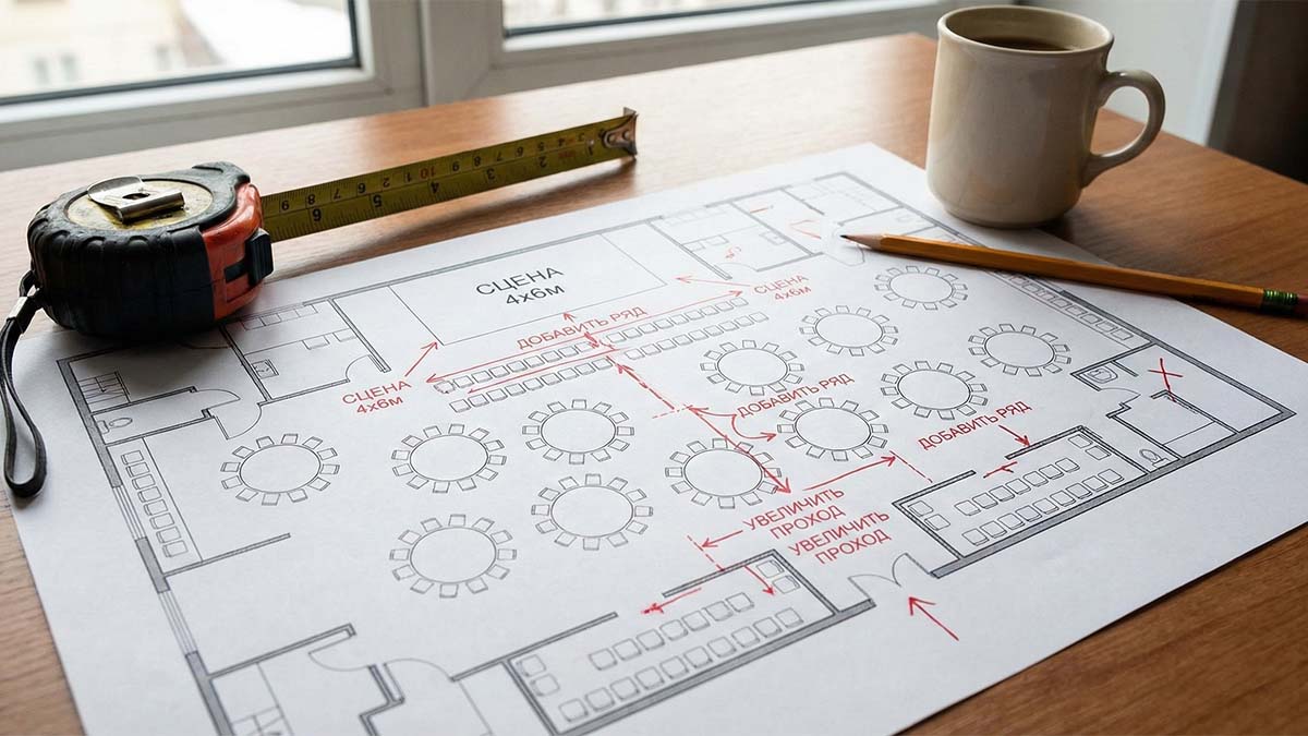 Рабочий процесс планирования: чертеж зала с разметкой, рулетка и пометки маркером.