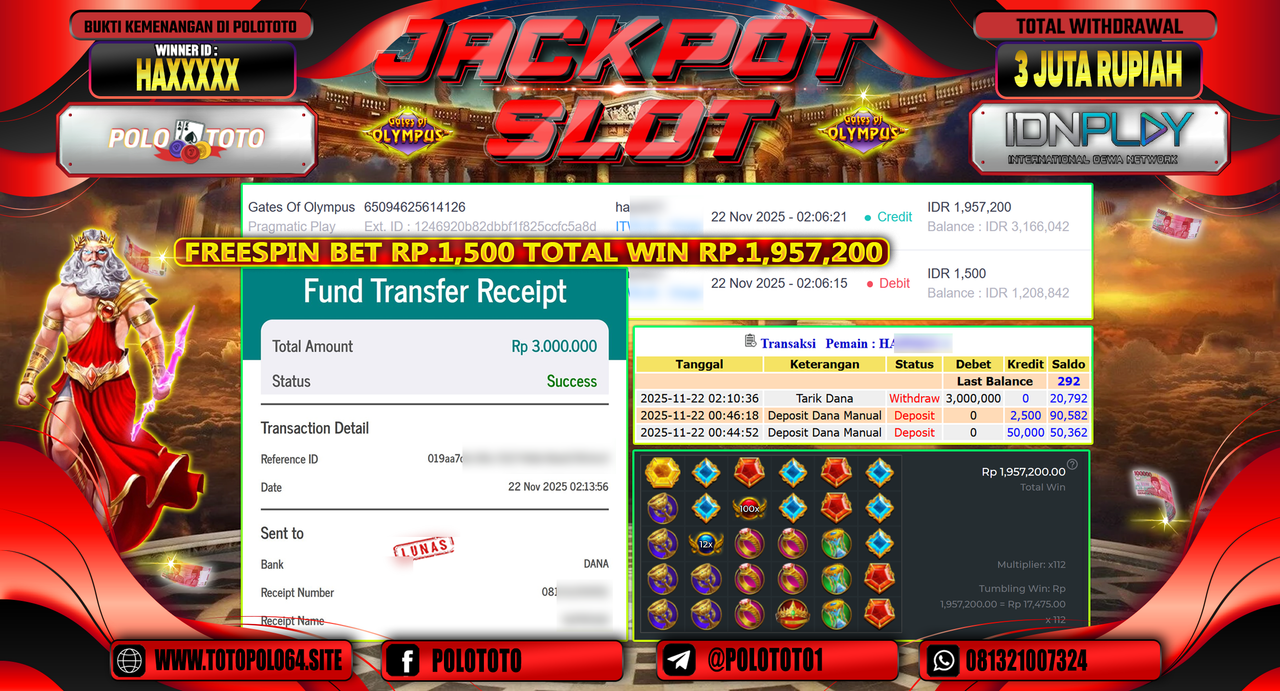 POLOTOTO JACKPOT SLOT GATES OF OLYMPUS Rp.3.000.000,- LUNAS