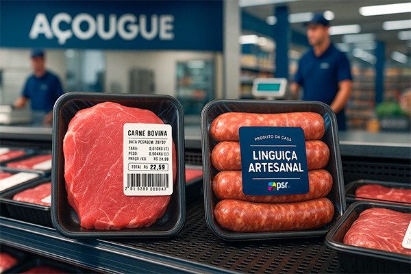 Açougue de supermercado com etiquetas de balança PSR para pesagem de carnes e produtos frescos