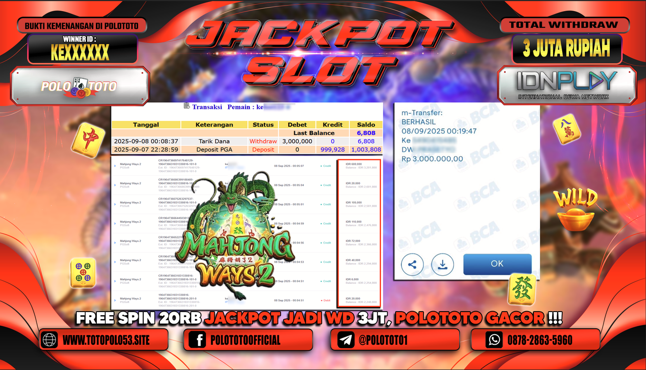 POLOTOTO JACKPOT SLOT MAHJONG WAYS 2 Rp.3.000.000,-