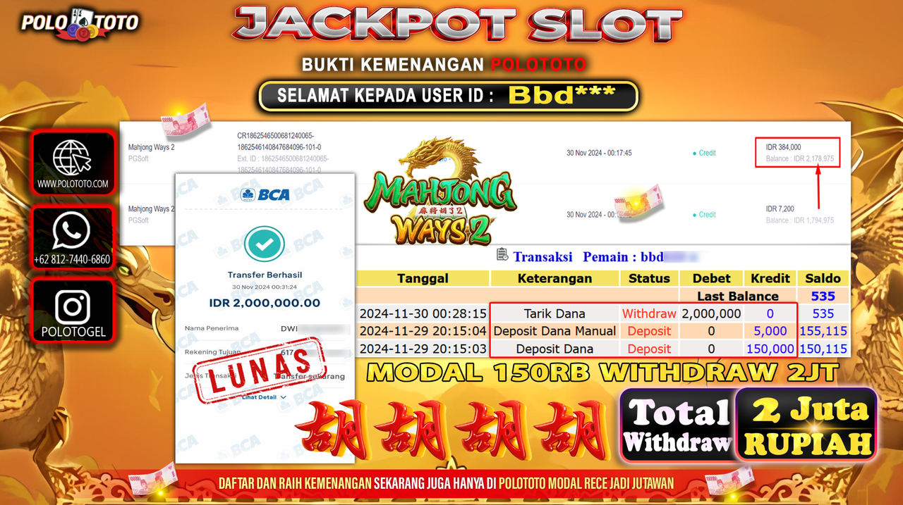 POLOTOTO JACKPOT SLOT MAHJONG WAYS 2 Rp.2,000.000,-