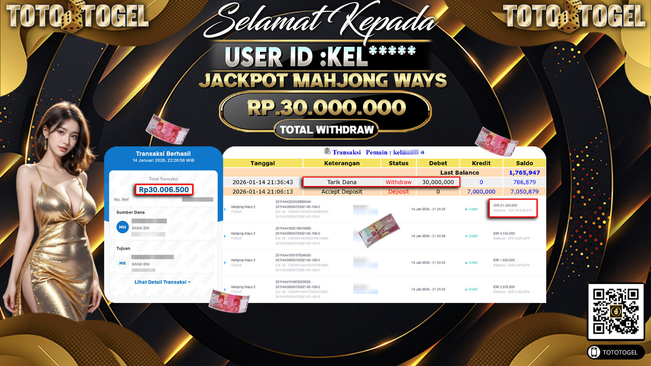 Bukti Pembayaran Jackpot Permainan Slot Mahjong Ways ID:KEL*****LUNAS