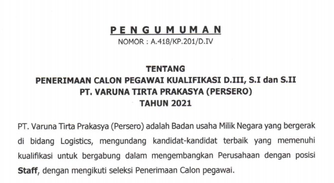 Pengumuman Penerimaan Calon Pegawai BUMN PT Varuna Tirta Prakasya Persero Tahun 2021