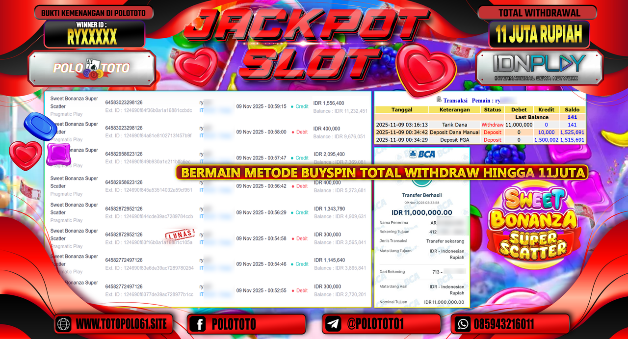 POLOTOTO JACKPOT SLOT SWEET BONANZA SUPER SCATTER Rp.11.000.000,- LUNAS