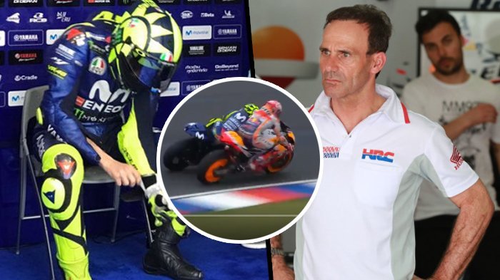 Bos Tim Repsol honda Alberto Puig (kanan) menyebut Valentino Rossi (kiri) jatuh karena kesalahan sendiri dalam insiden di GP Argentin akhir pekan lalu.
