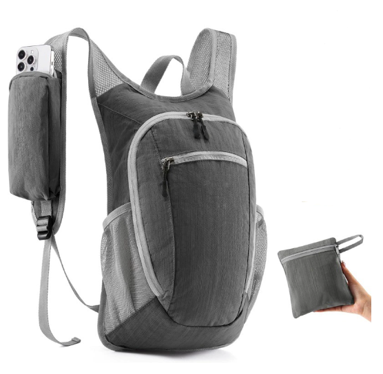 Grey Ultra-Lightweight Packable Backpack (10L) - Foldable Daypack for Travel, Hiking & Sports