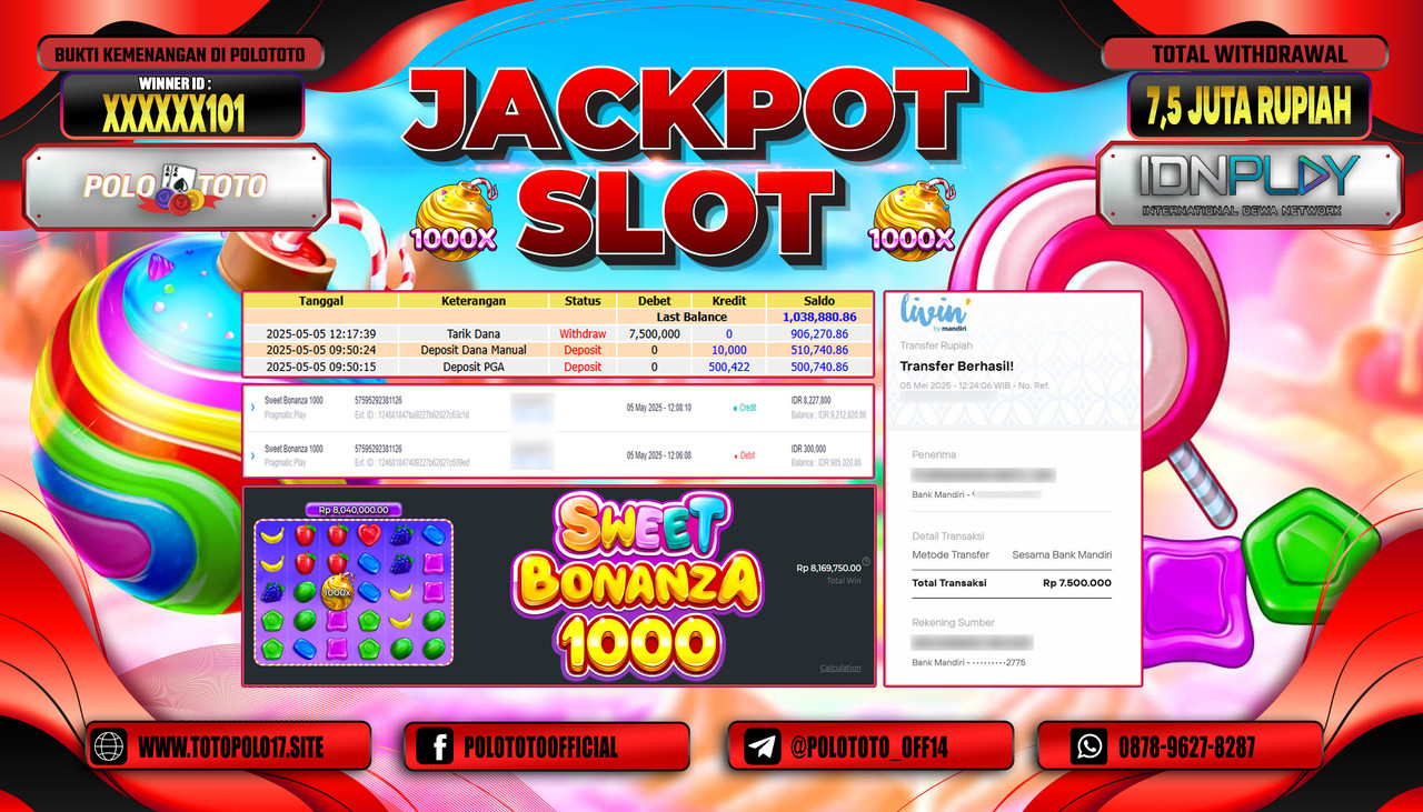 POLOTOTO JACKPOT SLOT SWEET BONANZA 1000 Rp.7.500.000,-