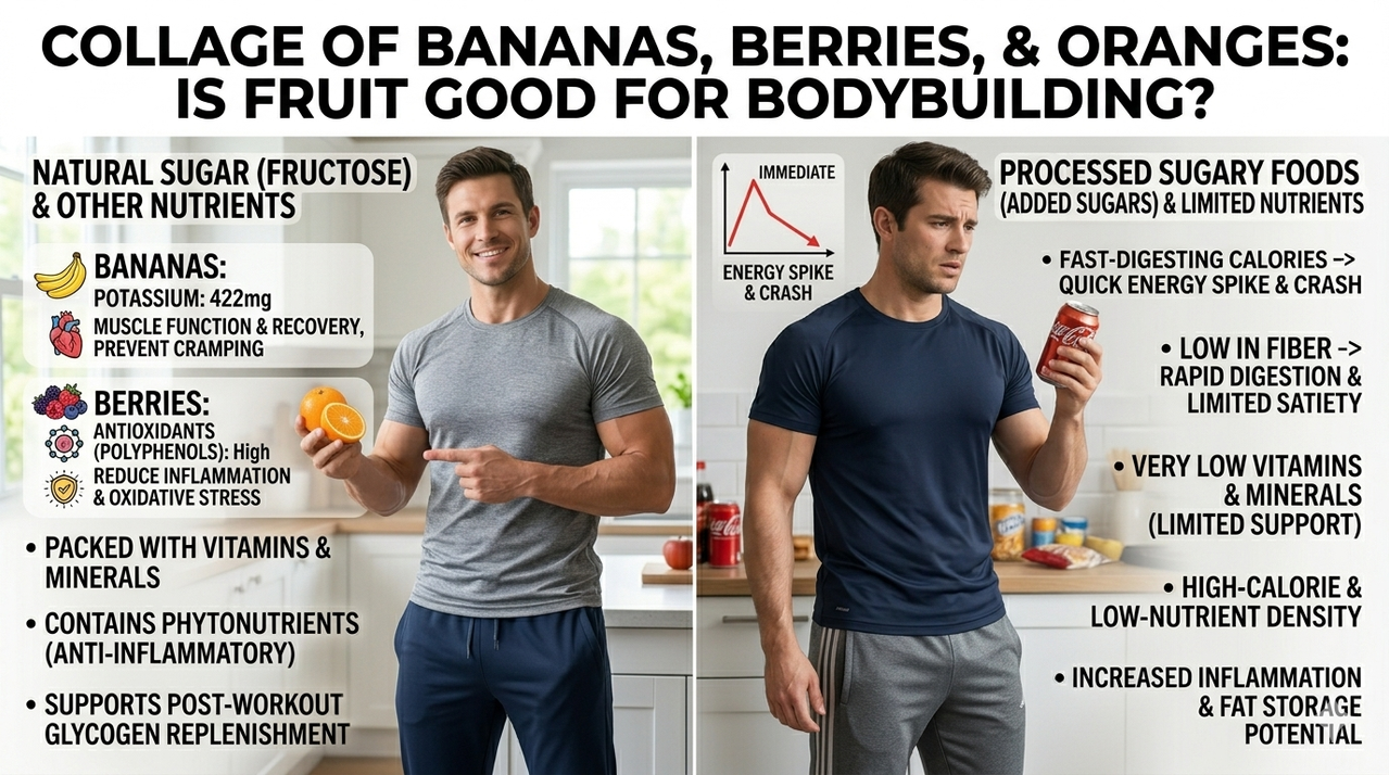 Collage of bananas, berries, and oranges showing potassium, vitamin C, and antioxidants for is fruit good for bodybuilding