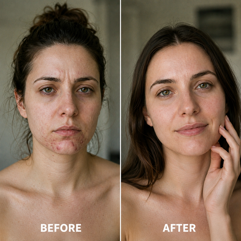 Before and after skin cycling results for hormonal chin acne clearance