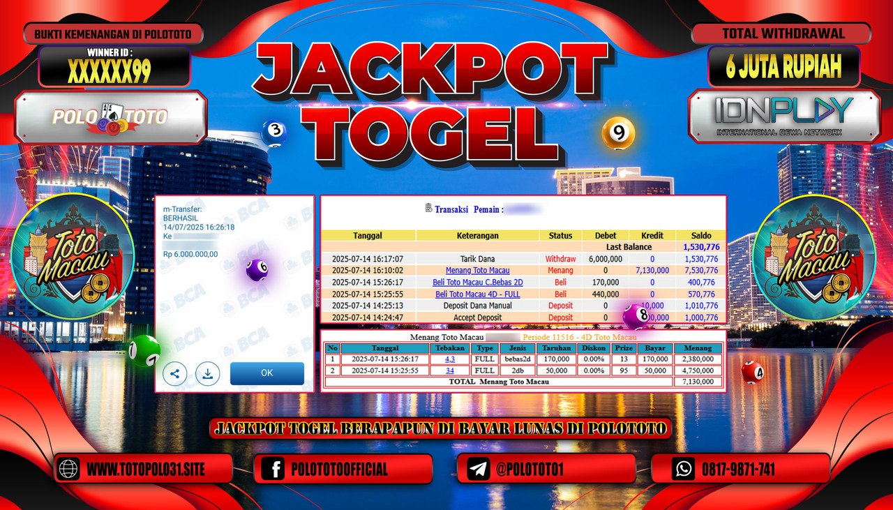 POLOTOTO JACKPOT TOGEL TOTO MACAU Rp.6.000.000,- LUNAS