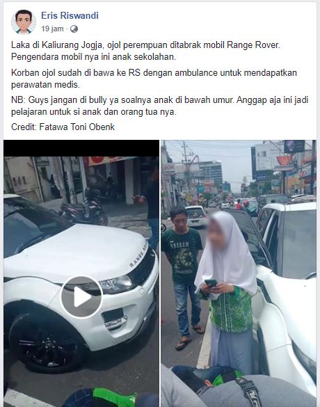 Facebook Eris Riswandi, video viral pengemudi Range Rover tabrak ojol perempuan di Jalan Kaliurang, Jogjakarta