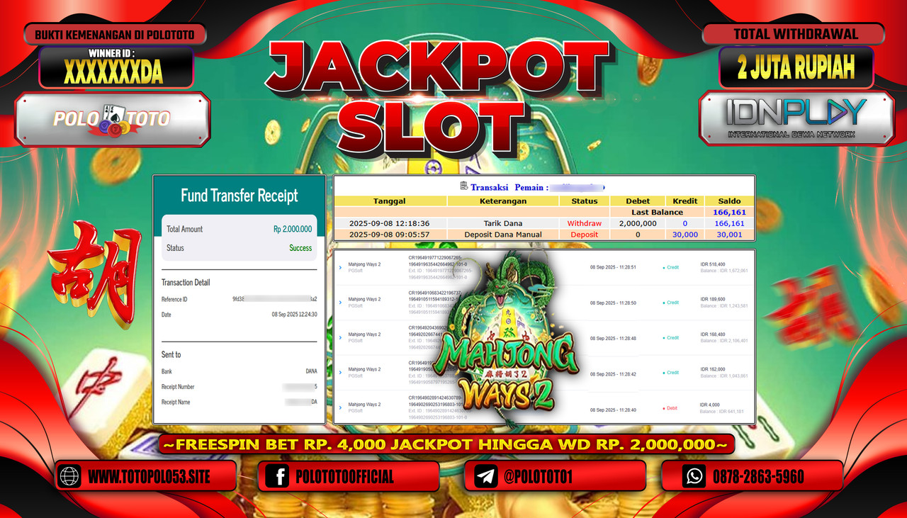 POLOTOTO JACKPOT SLOT MAHJONG WAYS 2 Rp.2.000.000,- LUNAS