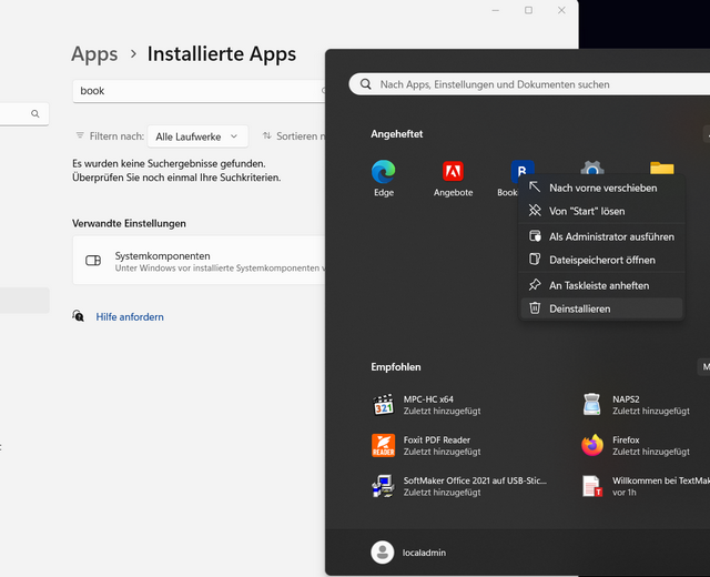 Apps aus dem Startmenü nicht in App-Liste