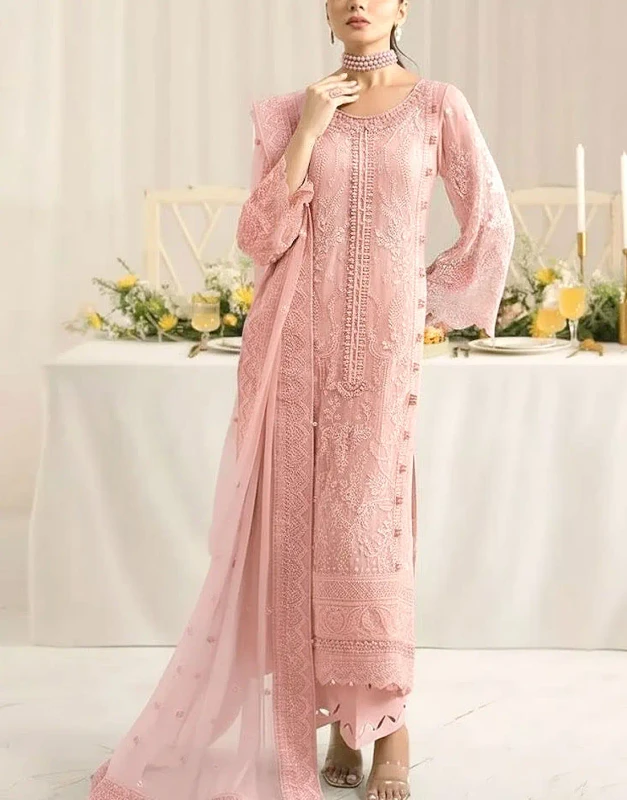 Blush Pink Embroidered Chiffon Party & Wedding Dress – Unstitched Luxury Outfit with Handcrafted Neckline