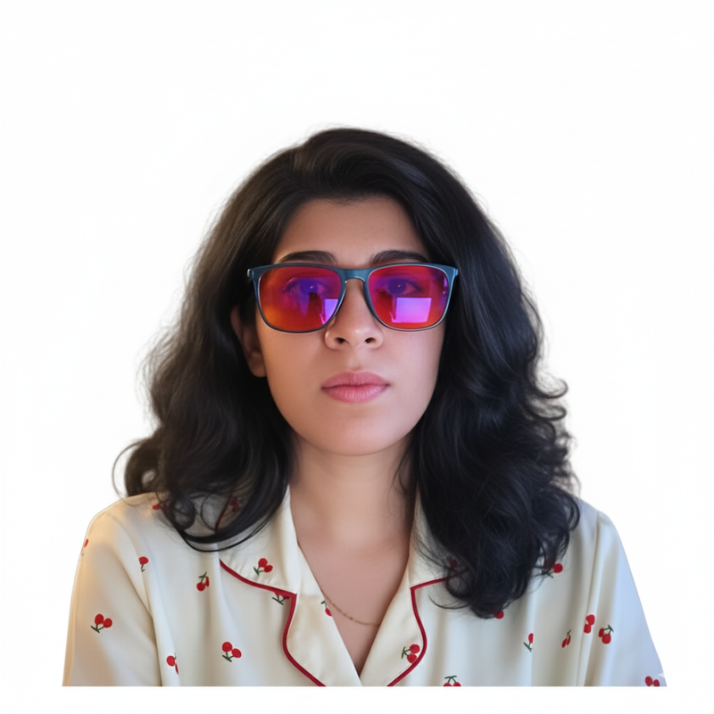 Woman wearing Noctix blue light blocking glasses