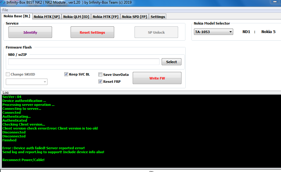 Version checking. Infinity box nk2. client version: 2.1.8. error client. atmel infinity box.