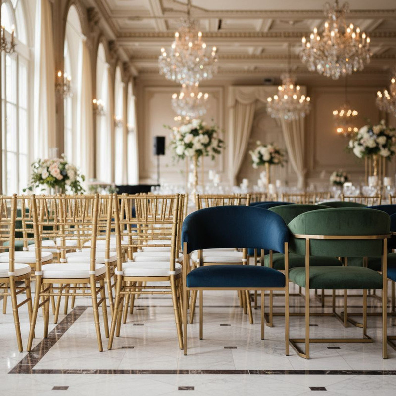 Классические и современные банкетные стулья с качественной обивкой в интерьере праздничного зала.