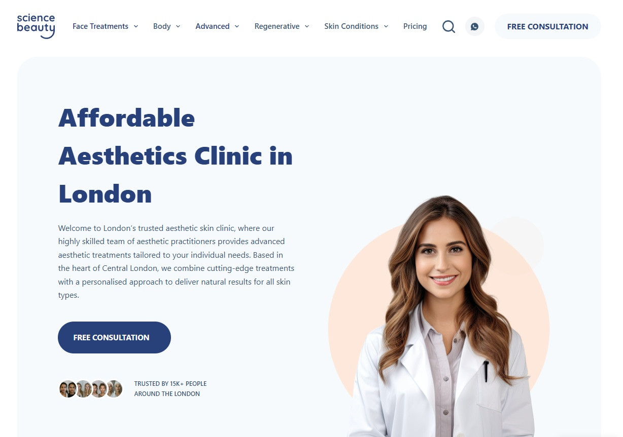 Sciencebeauty London aesthetic clinic banner with practitioner image.