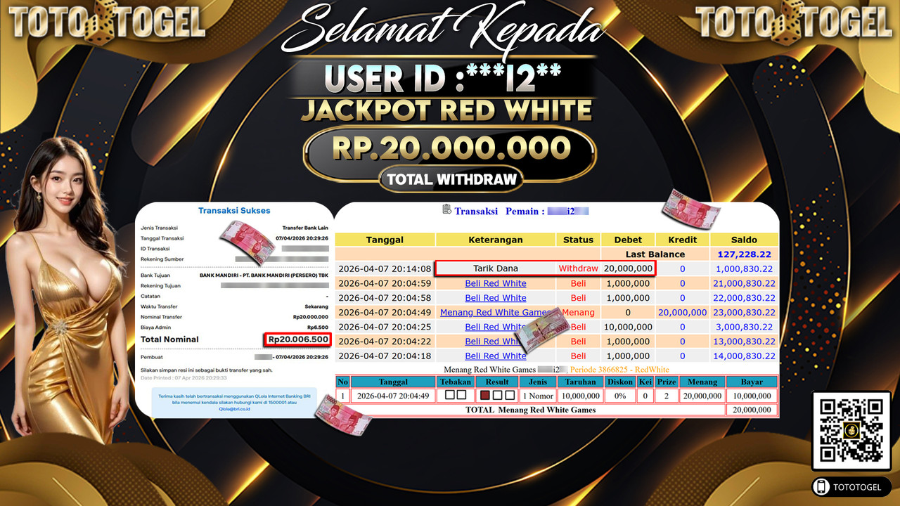 Bukti Pembayaran Jackpot Permainan Live Game Red White ID:***I2**LUNAS