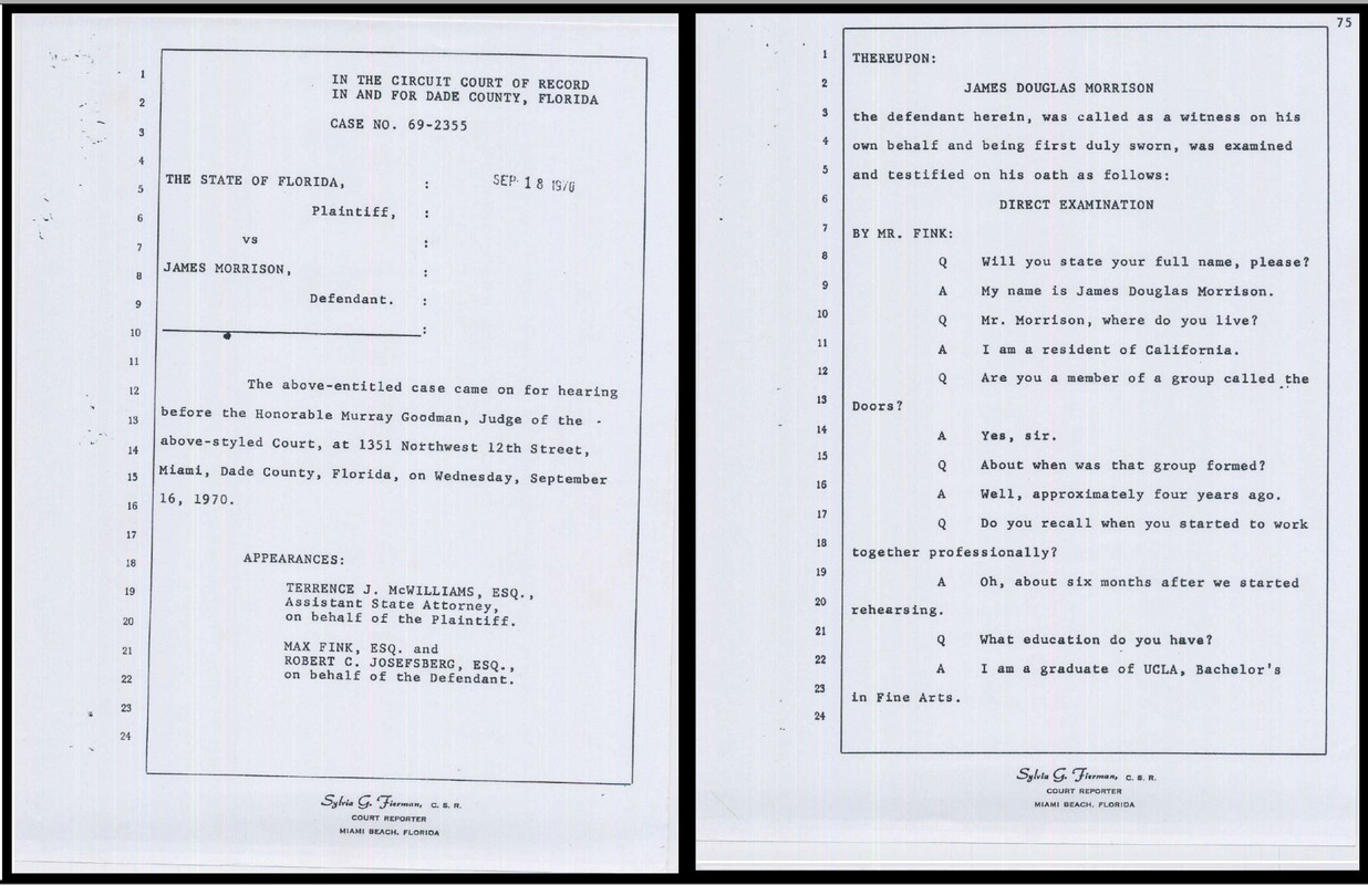 Miami:: Official Jim Morrison Testimony September 1970