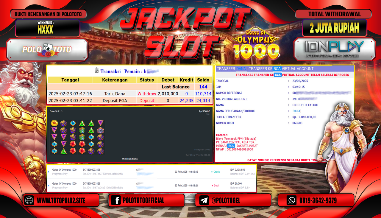 POLOTOTO JACKPOT SLOT GATES OF OLYMPUS 1000 Rp.2.010.000,-