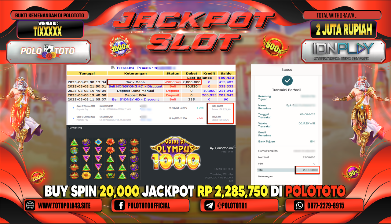 POLOTOTO JACKPOT SLOT GATES OF OLYMPUS 1000 Rp.2.000.000,-LUNAS