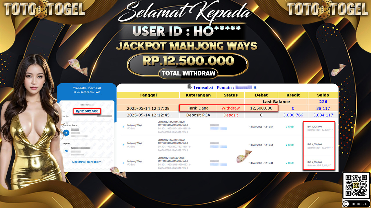 Bukti Pembayaran Jackpot  Permainan Slot Mahjong Ways ID:HO***** LUNAS