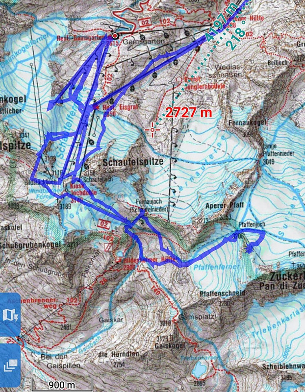 stubai_2100 Tracks auf der alten Kompasskarte