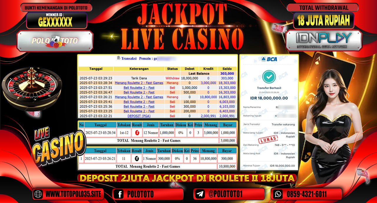 POLOTOTO JACKPOT LIVE CASINO ROULETTE 2 - FAST GAMES Rp.18.000.000,- LUNAS