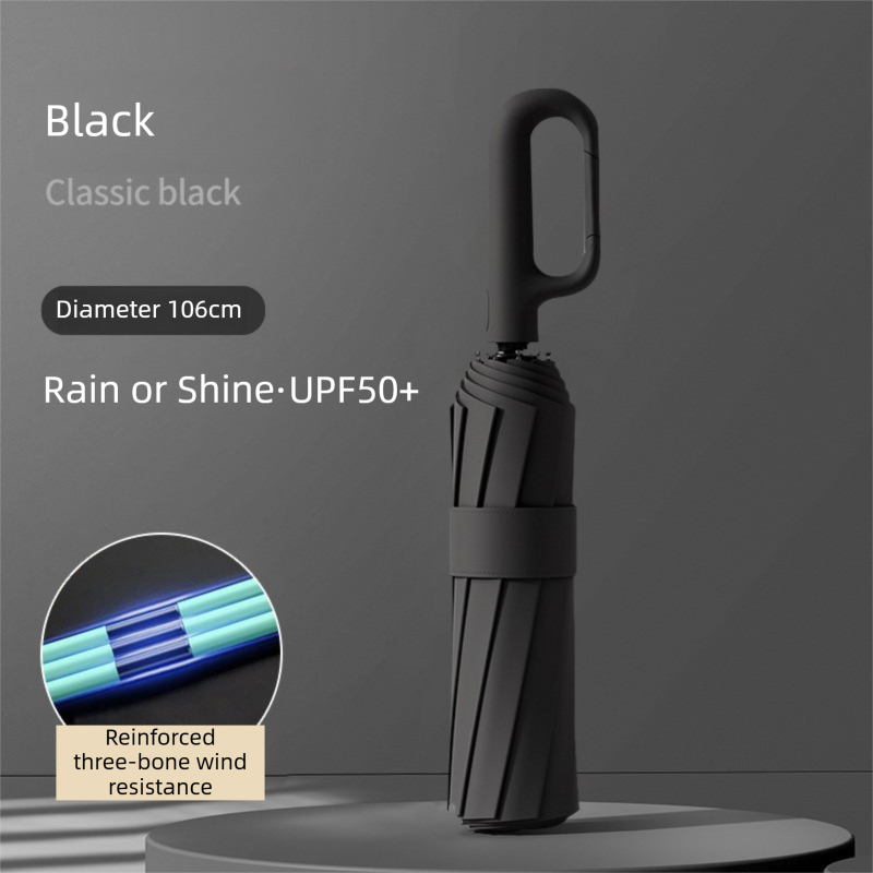 Black Heavy Duty Fully Automatic Carabiner Umbrella with Integrated Hook Handle (Diameter 106CM) - Ultra Windproof and UV Protective Sun & Rain Umbrella