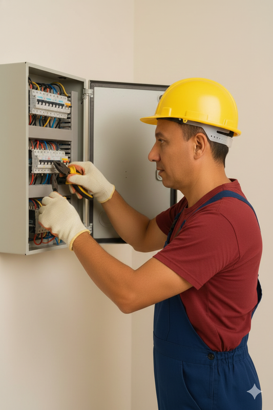 Técnico eletricista mexendo no quadro