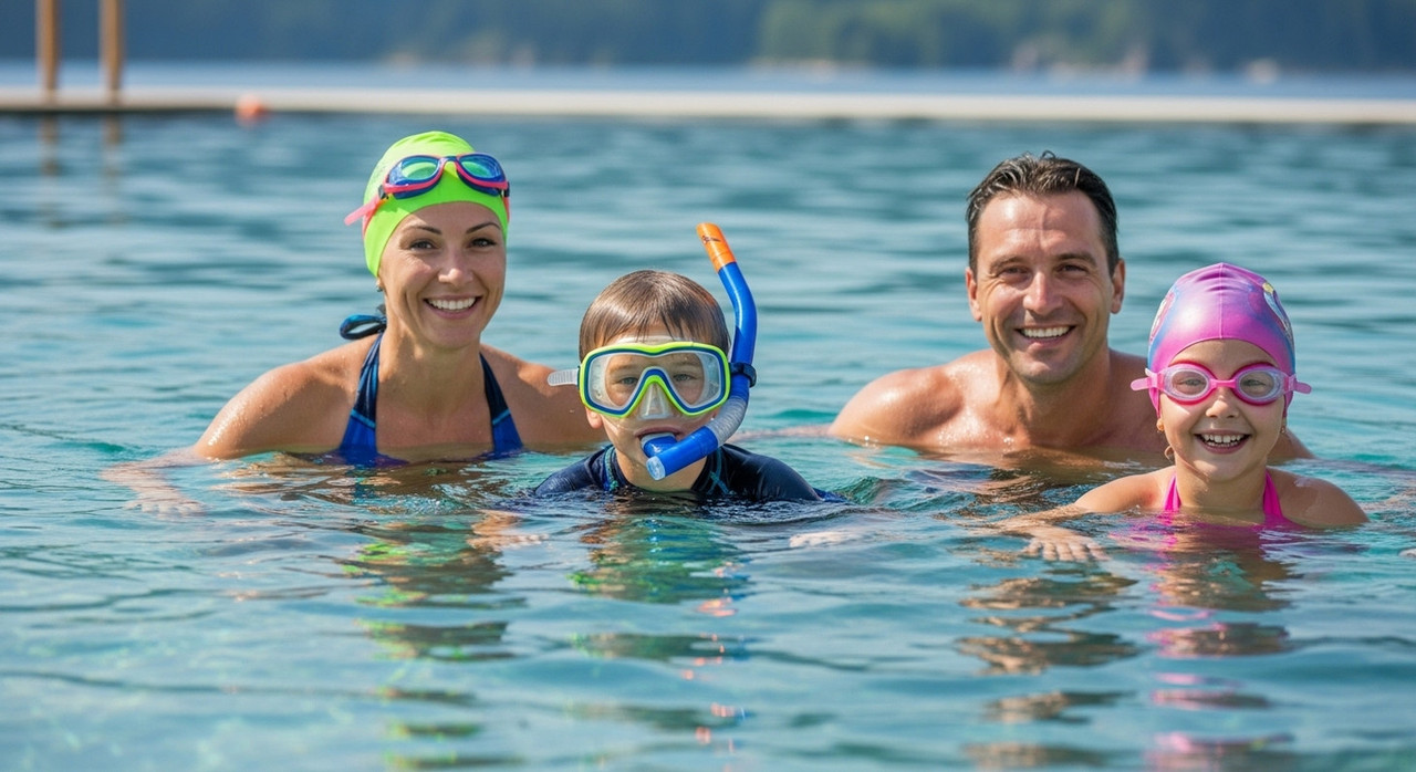 Семья плывет в открытом бассейне в качественной плавательной экипировке