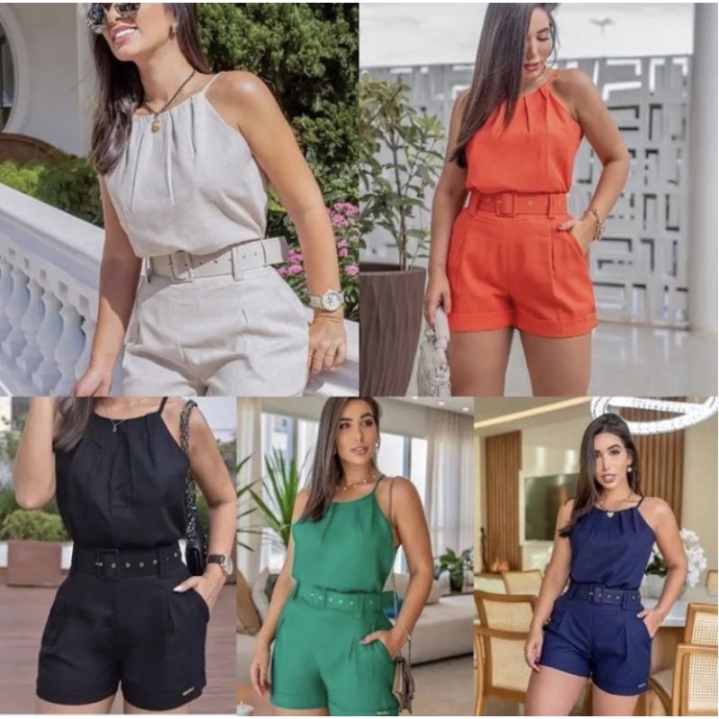 Conjunto Feminino Blusa + Shorts + Cinto Tecido Linho